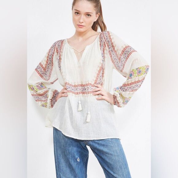 Mes Demoiselles Tops - Mes Demoiselles Sheela Cream and Multicolor Boho Blouse